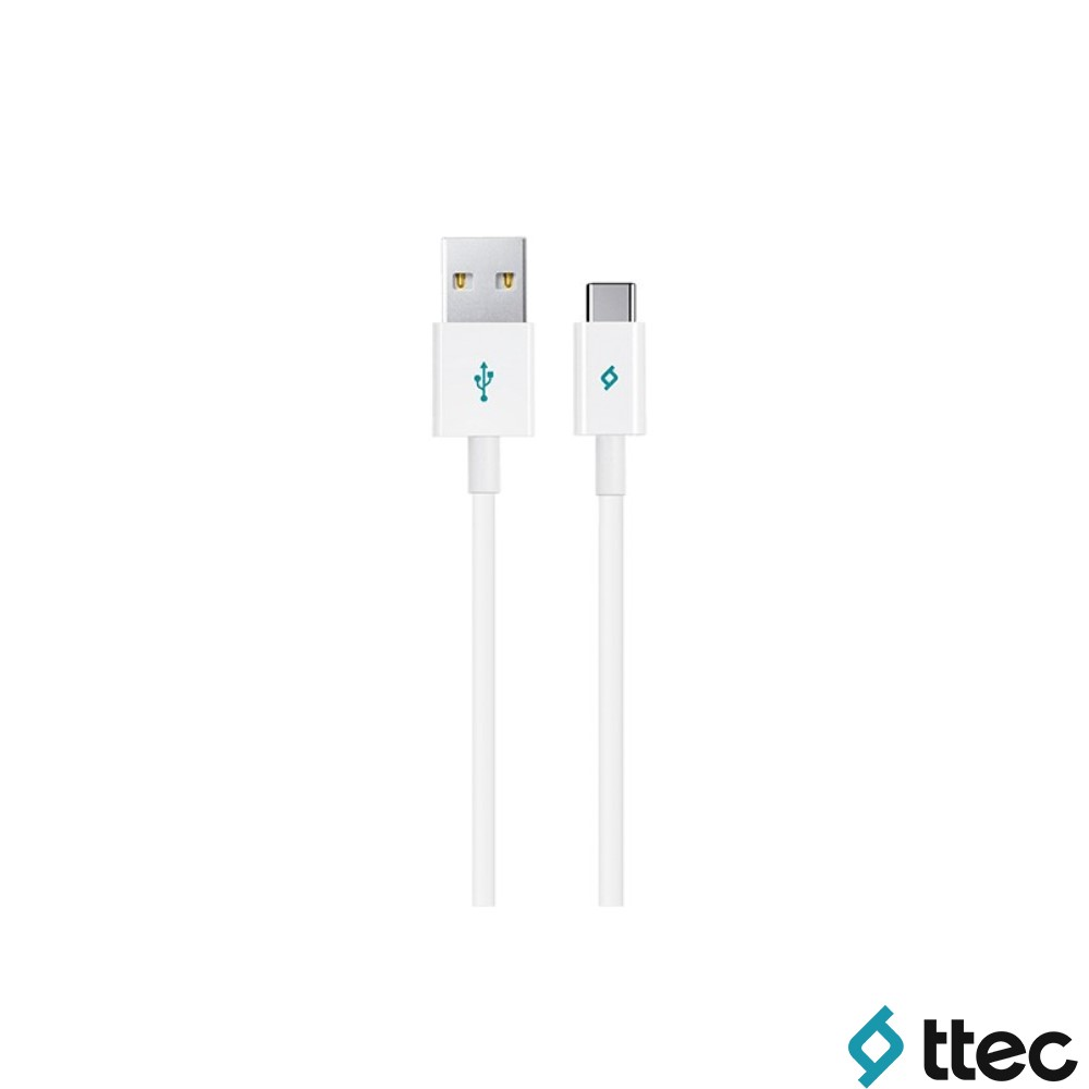 Logolu beyaz USB-A - USB-C kablosu, beyaz üzerinde izole edilmiş.
