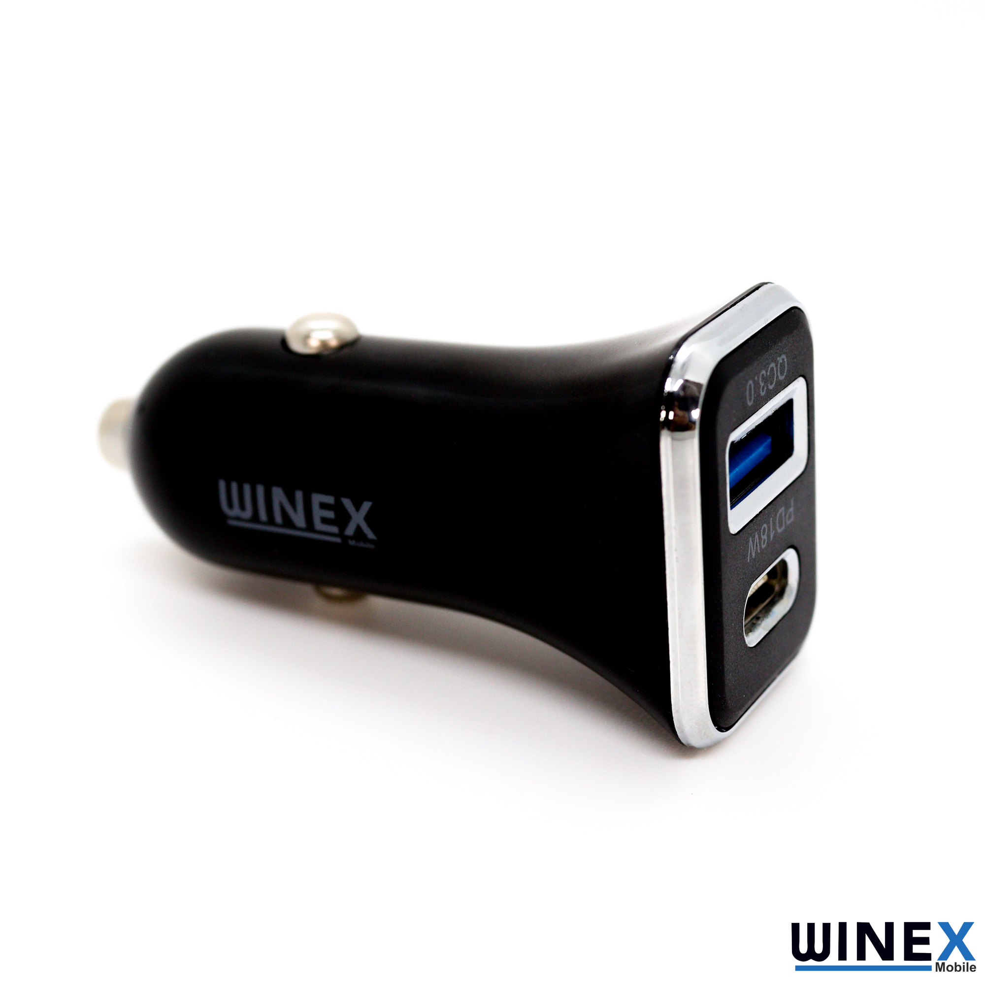 QC3.0 ve PD 18W bağlantı noktalarına sahip siyah USB araç şarj cihazı.