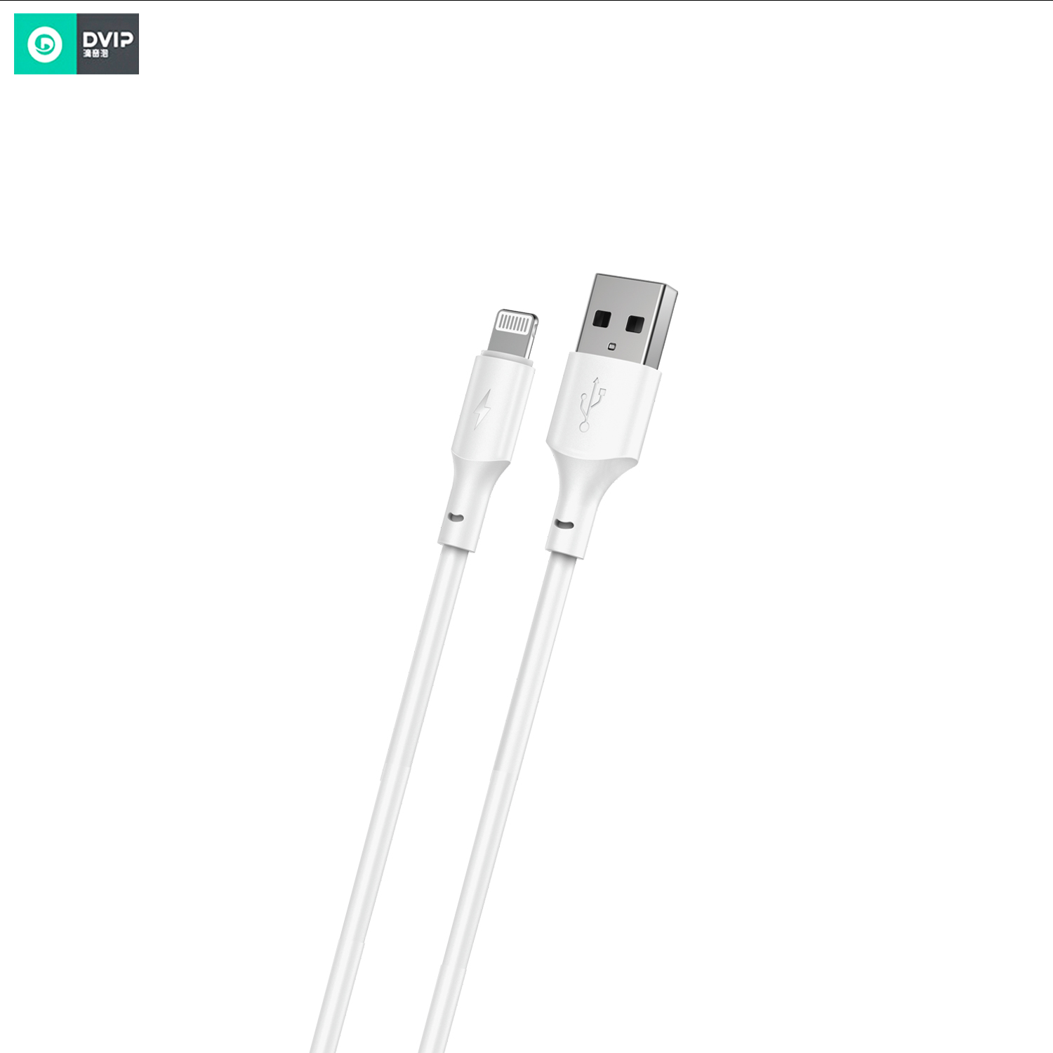Yıldırım konektörlü ve USB-A fişli beyaz USB kablosu.