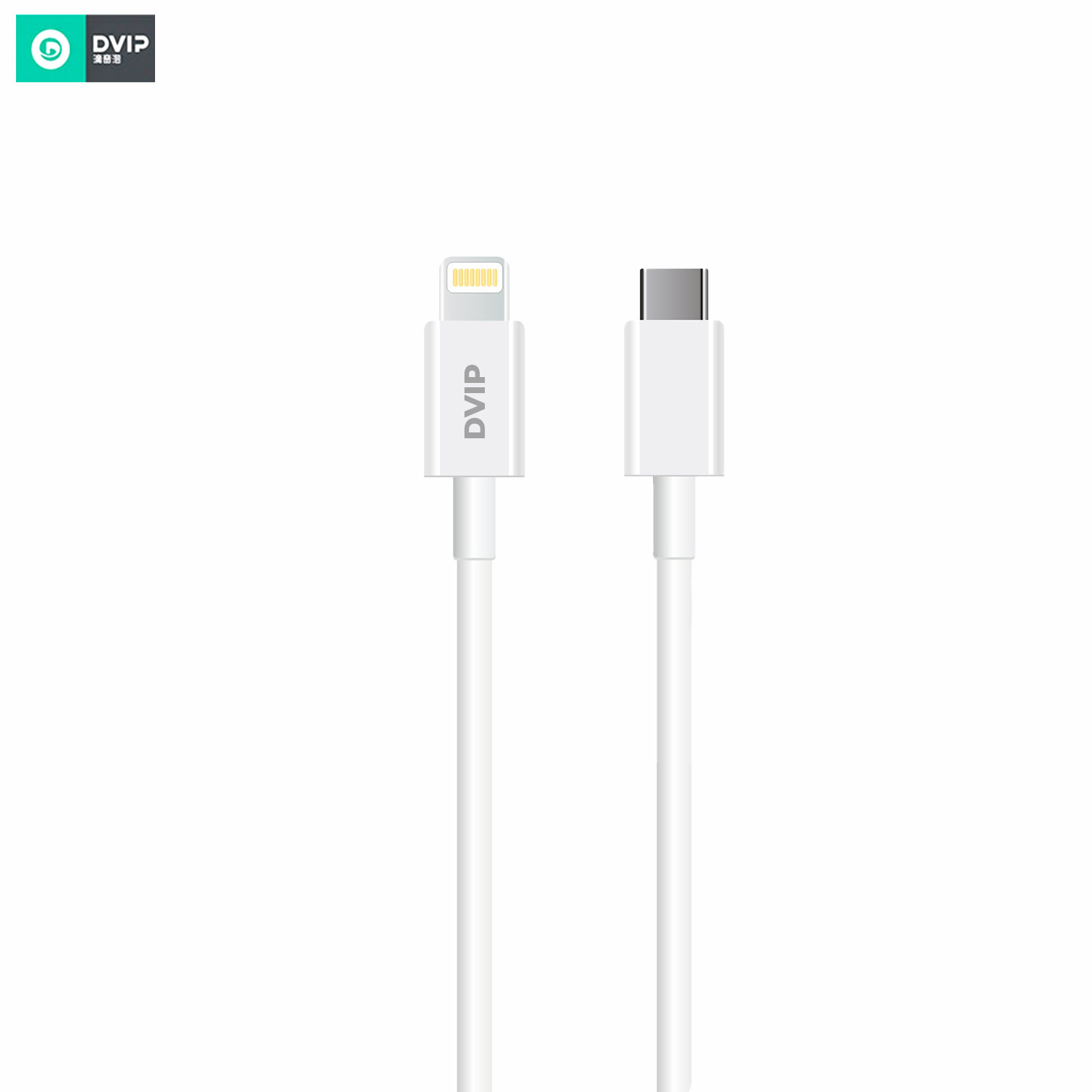 Beyaz arka plan üzerinde Lightning ve USB-C konektörlü iki beyaz şarj kablosu.