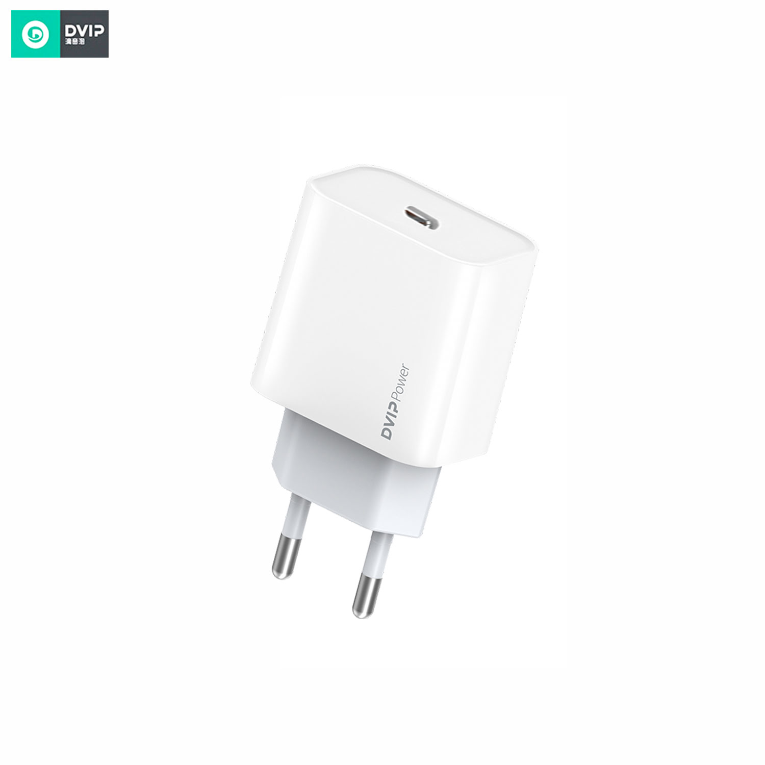 Beyaz DVIP Power USB-C şarj cihazı, beyaz zeminde katlanabilir fişli.