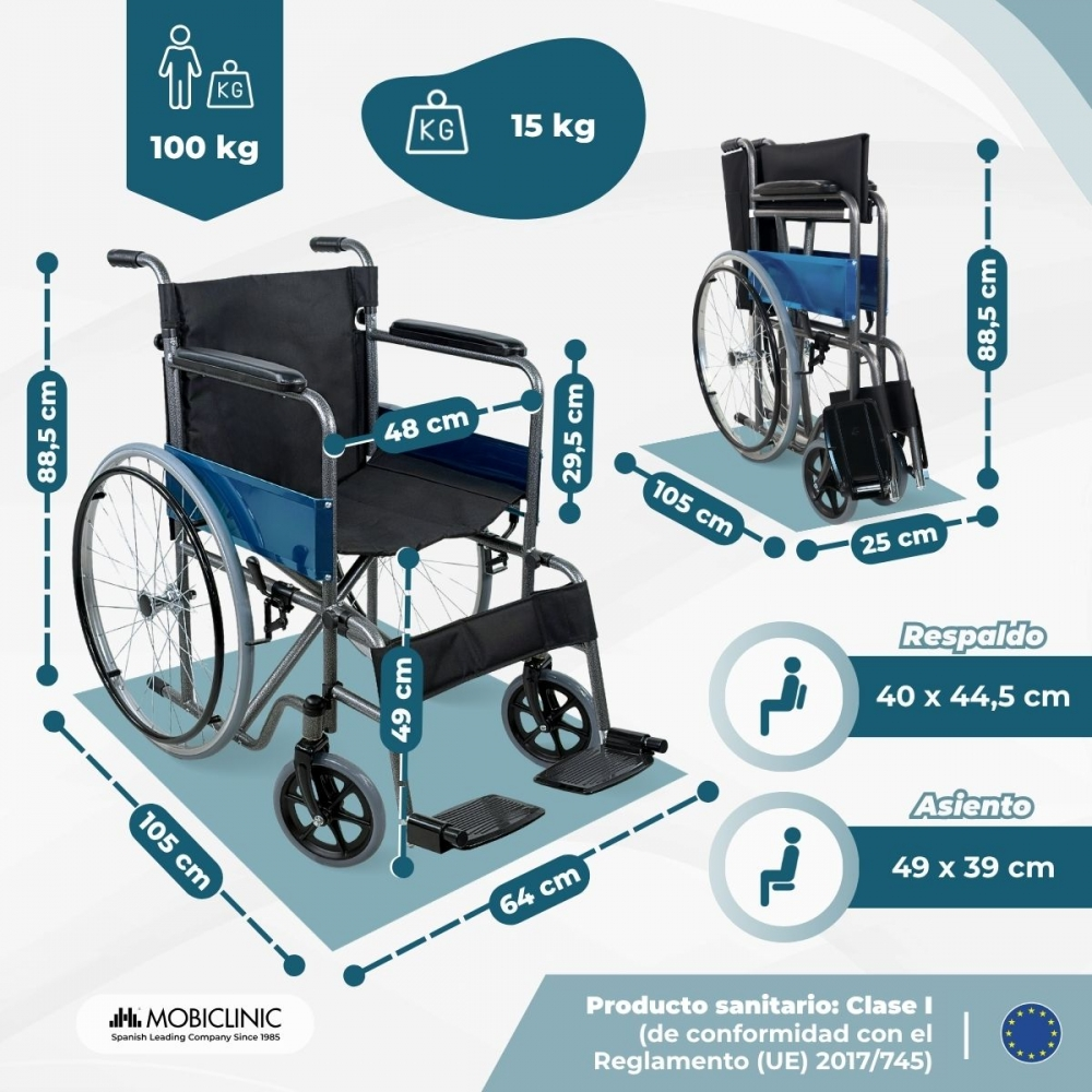 Dimensiones silla ruedas: 100 kg capacidad, 15 kg peso. Asiento 49x39cm, respaldo 40x44,5cm.