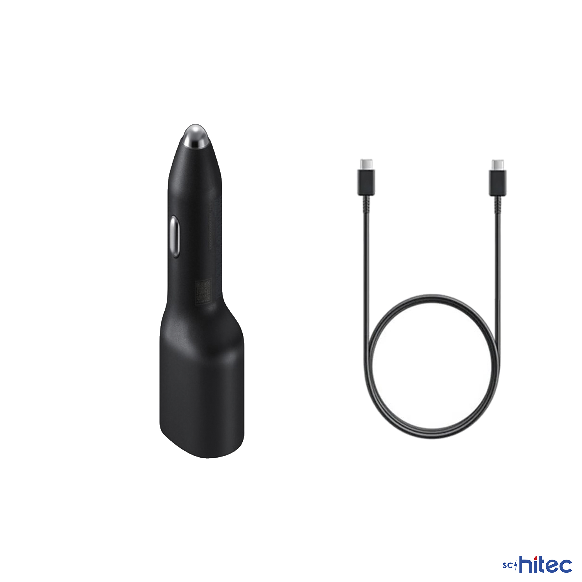 Beyaz konektörlü siyah araç şarj cihazı ve USB-C kablosu.