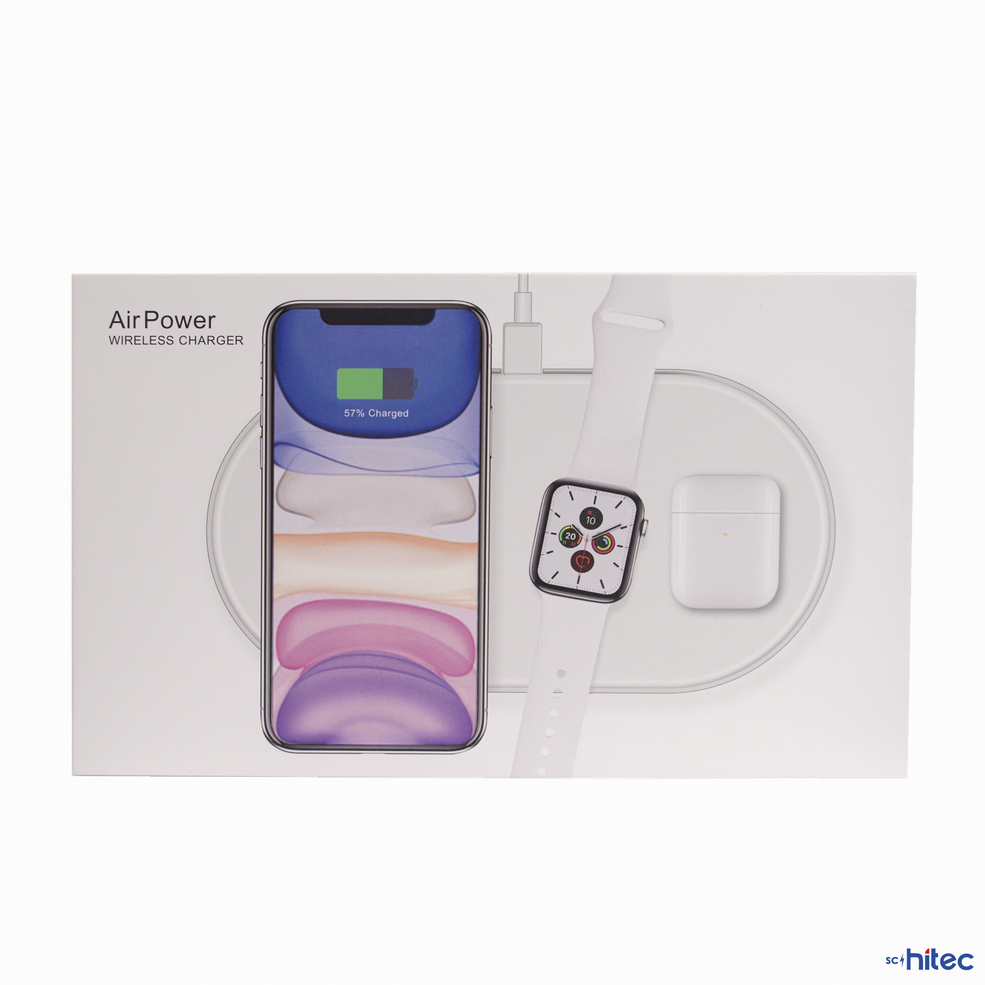 Ambalaj, şarj matı üzerinde iPhone, Apple Watch ve AirPods kutusunu gösteriyor.