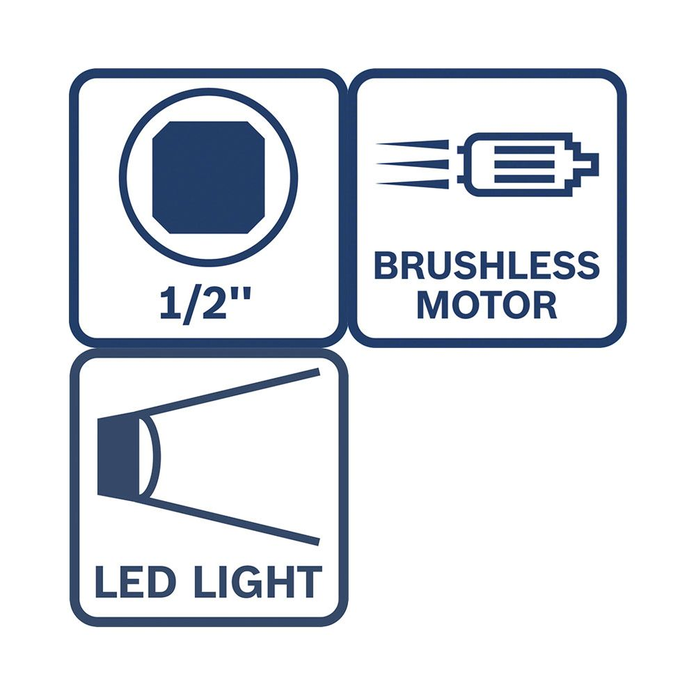 Symbole für 1/2" Antrieb, bürstenlosen Motor und LED-Licht.