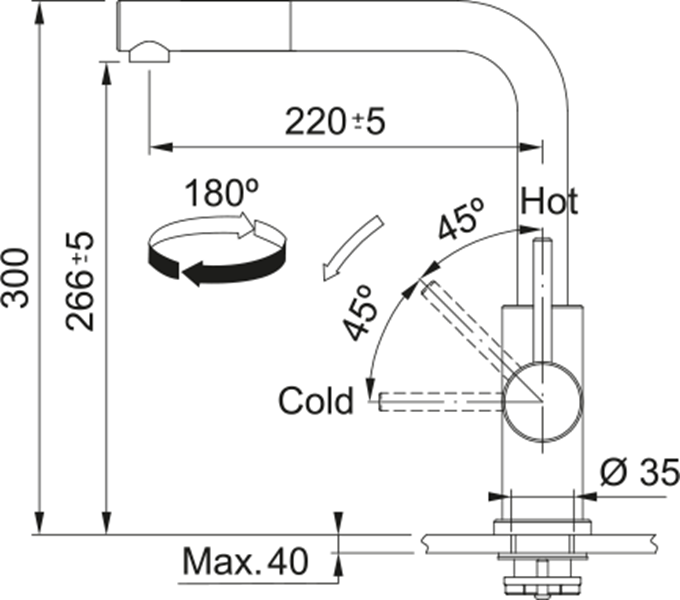 Disegno tecnico di un rubinetto con dimensioni e angoli per connessioni acqua calda e fredda.