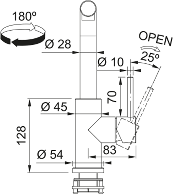 Disegno tecnico di un rubinetto con dimensioni e indicatori di movimento rotatorio.
