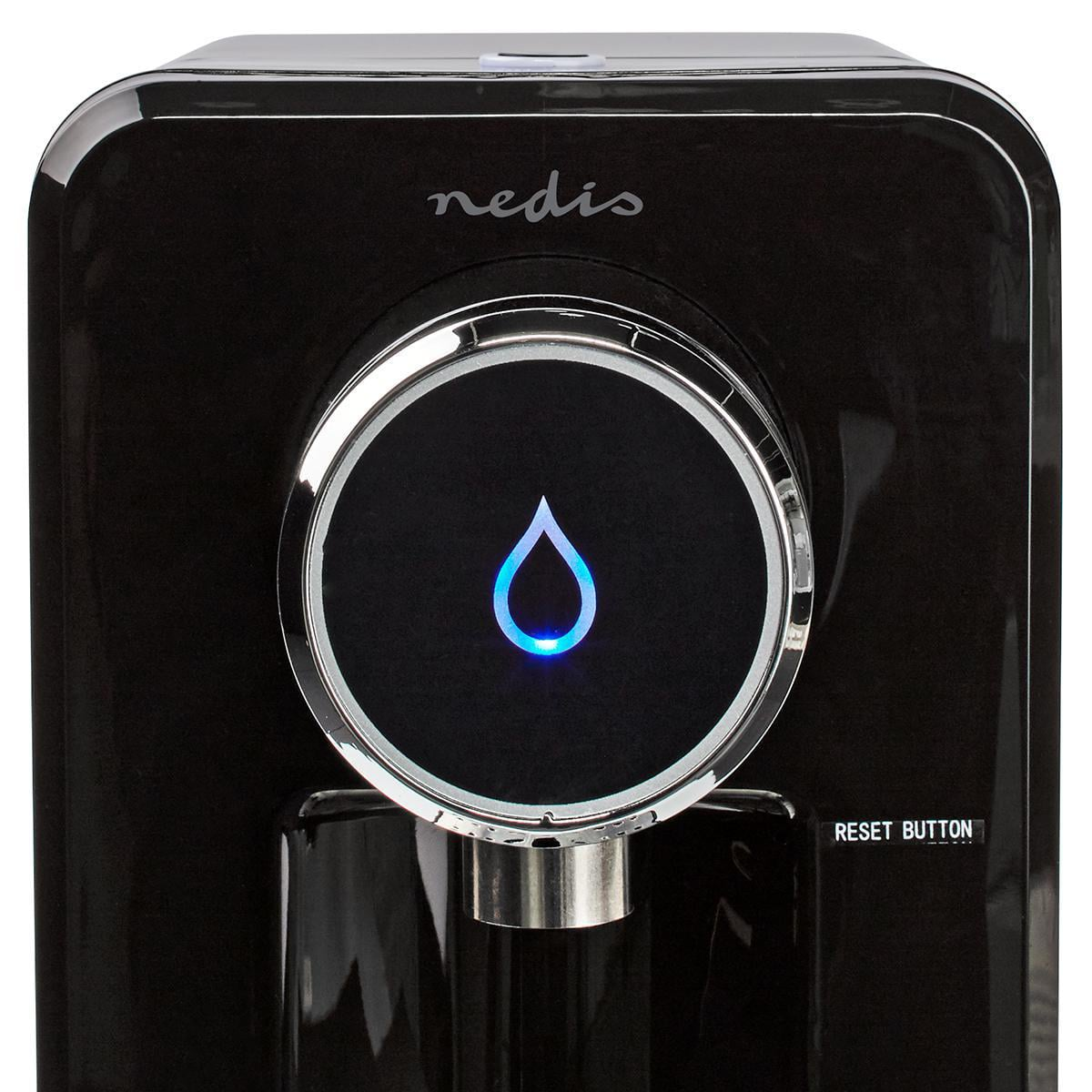 Distributeur d'eau noir avec icône de goutte bleue et bouton de réinitialisation.