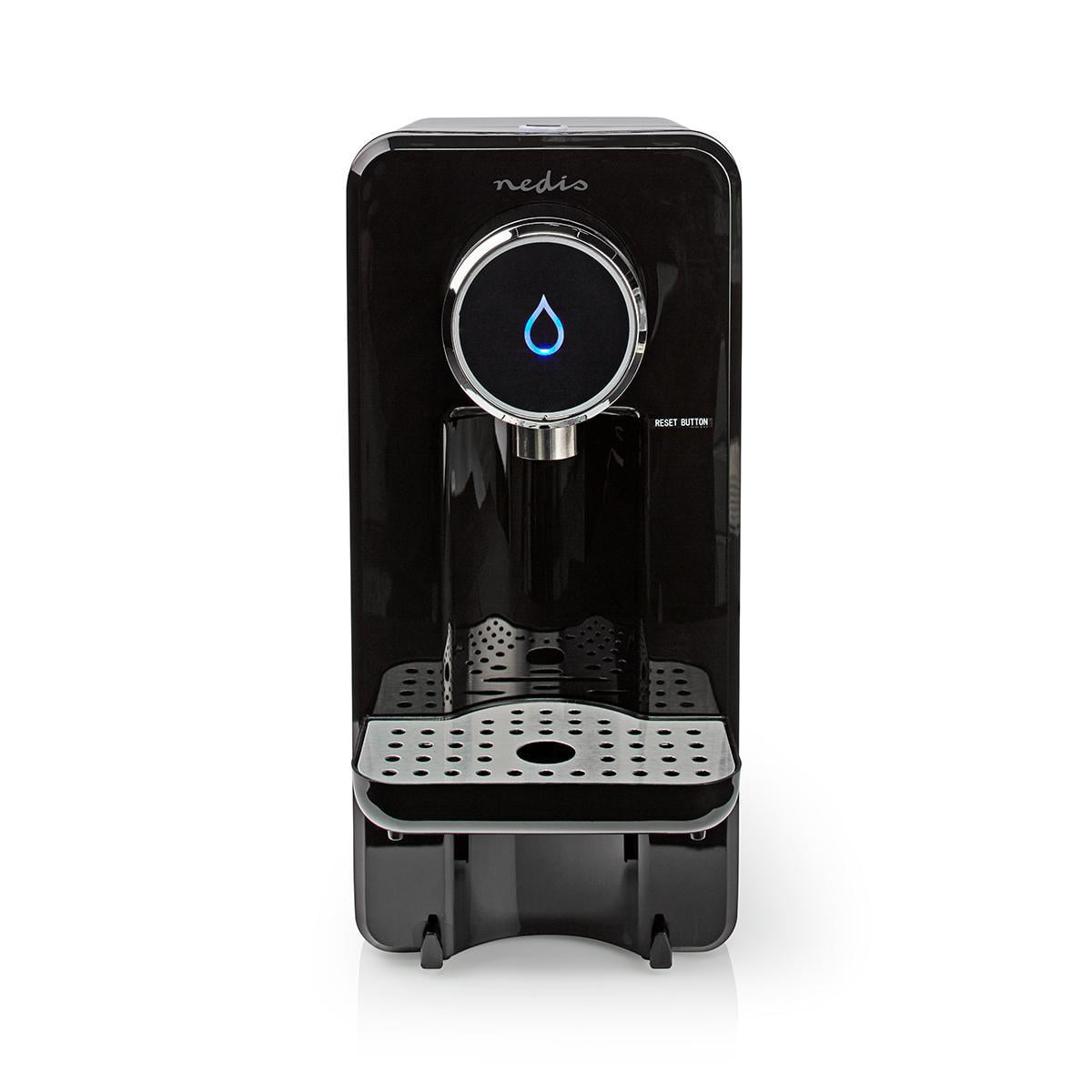 Distributeur d'eau noir avec symbole goutte d'eau bleue et bac égouttoir.