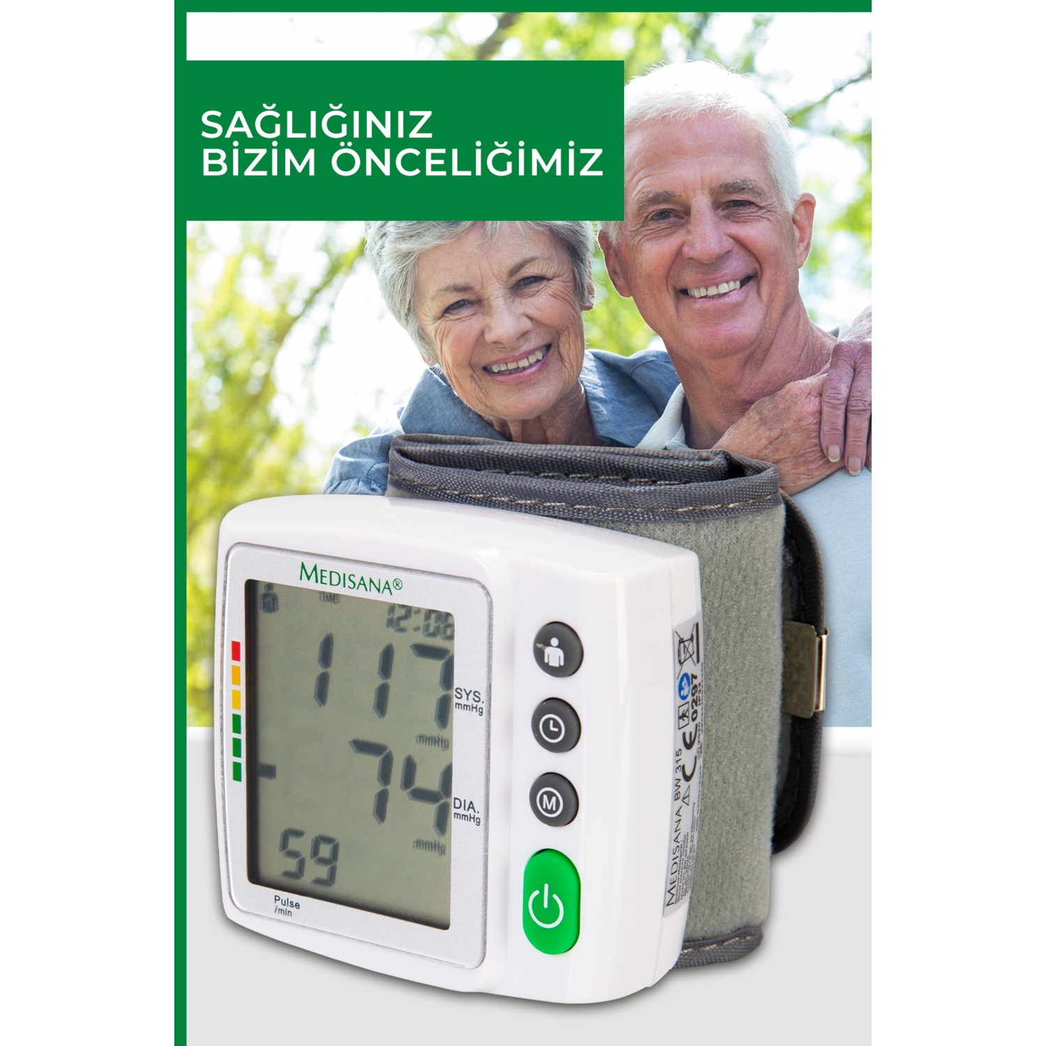 Yaşlı bir çift gülümsüyor, ön planda Medisana tansiyon aleti duruyor.