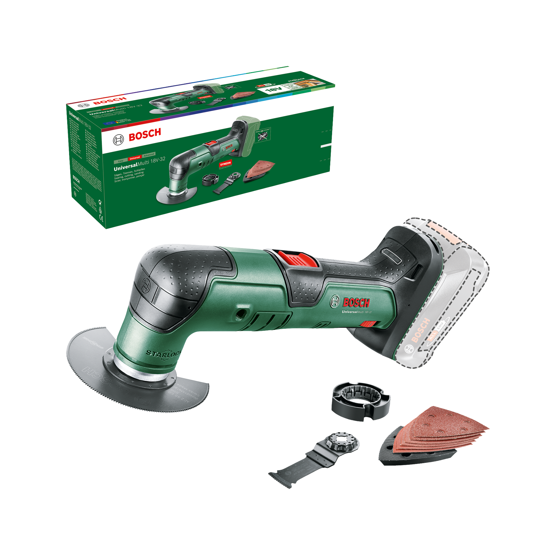 Bosch Universal Multi 18V-32 Oszillierer mit Zubehör und Verpackung.