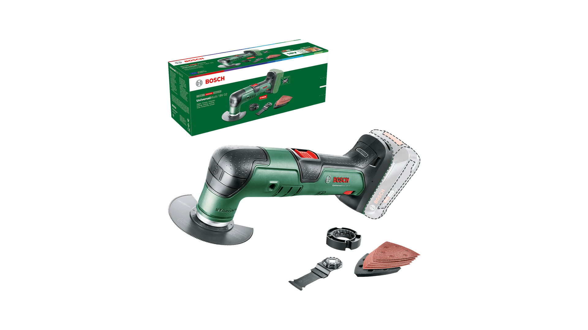 Grüner Bosch Akku-Multifunktionswerkzeug mit Zubehör und Verpackung.