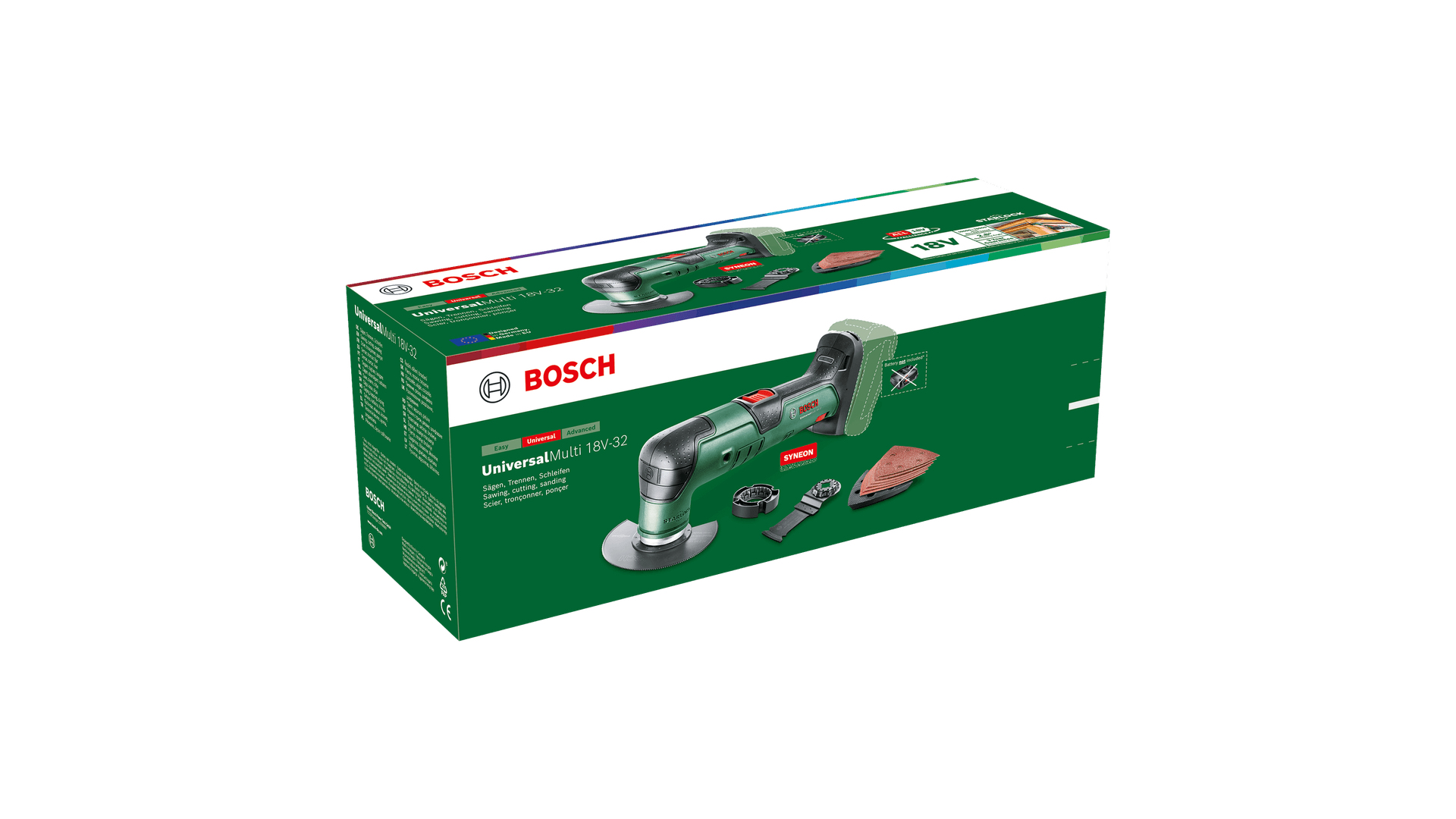 Verpackung für ein Bosch Universal Multi 18V-32 Oszillierwerkzeug mit Zubehör.