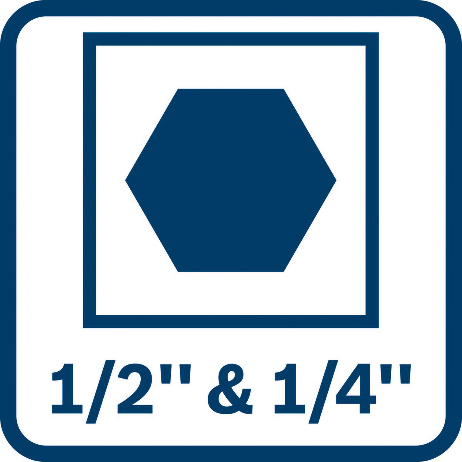 Blauer Sechskant in einem Quadrat, darunter 1/2" & 1/4".