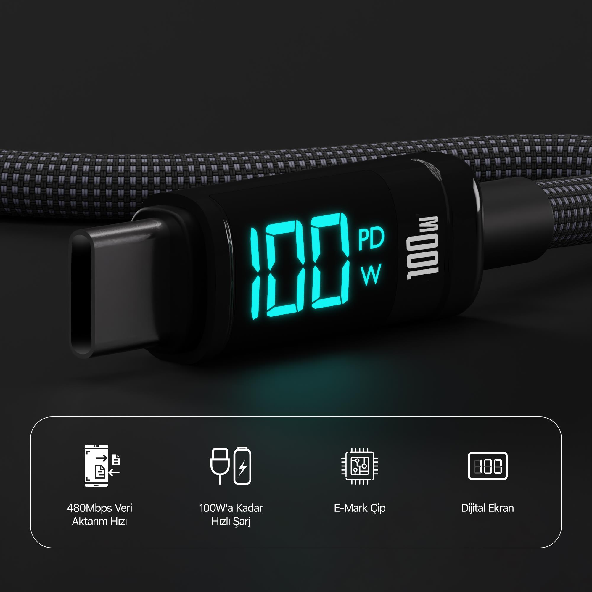 100W PD gösteren dijital ekranlı USB-C kablosu.