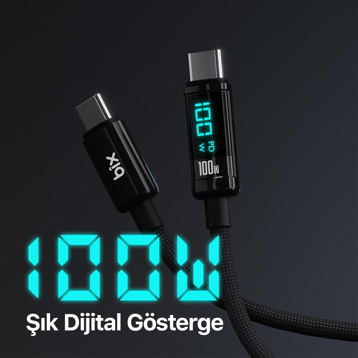 Dijital 100W göstergeli iki siyah USB-C kablosu.