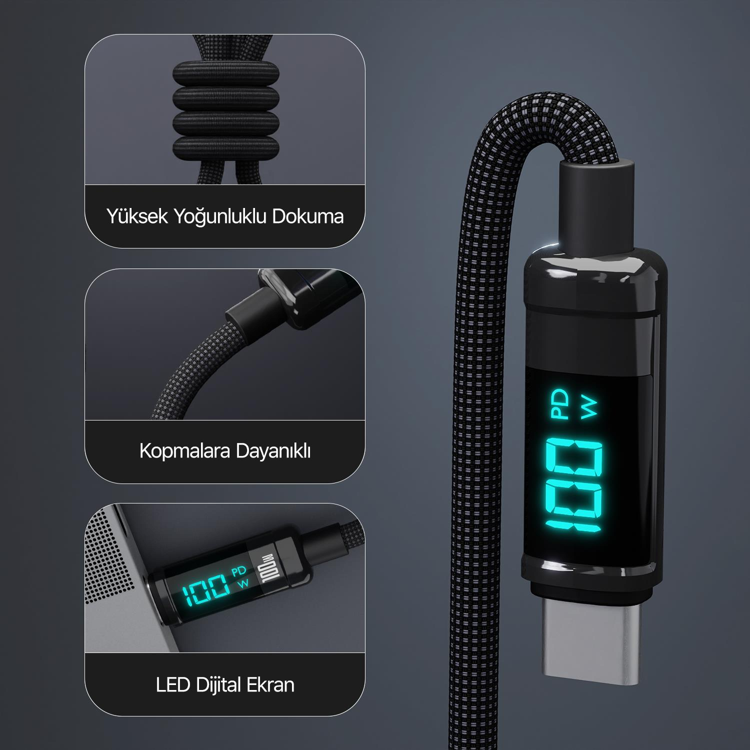 100W gösteren dijital ekrana sahip siyah USB-C kablosu.