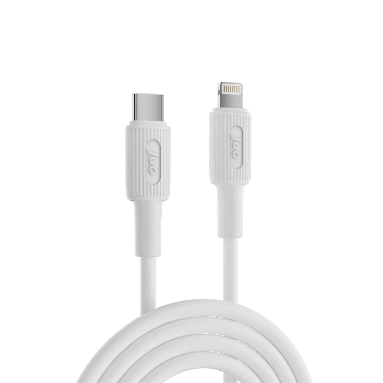 Beyaz arka plan üzerinde logolu beyaz USB-C ve Lightning kablosu.