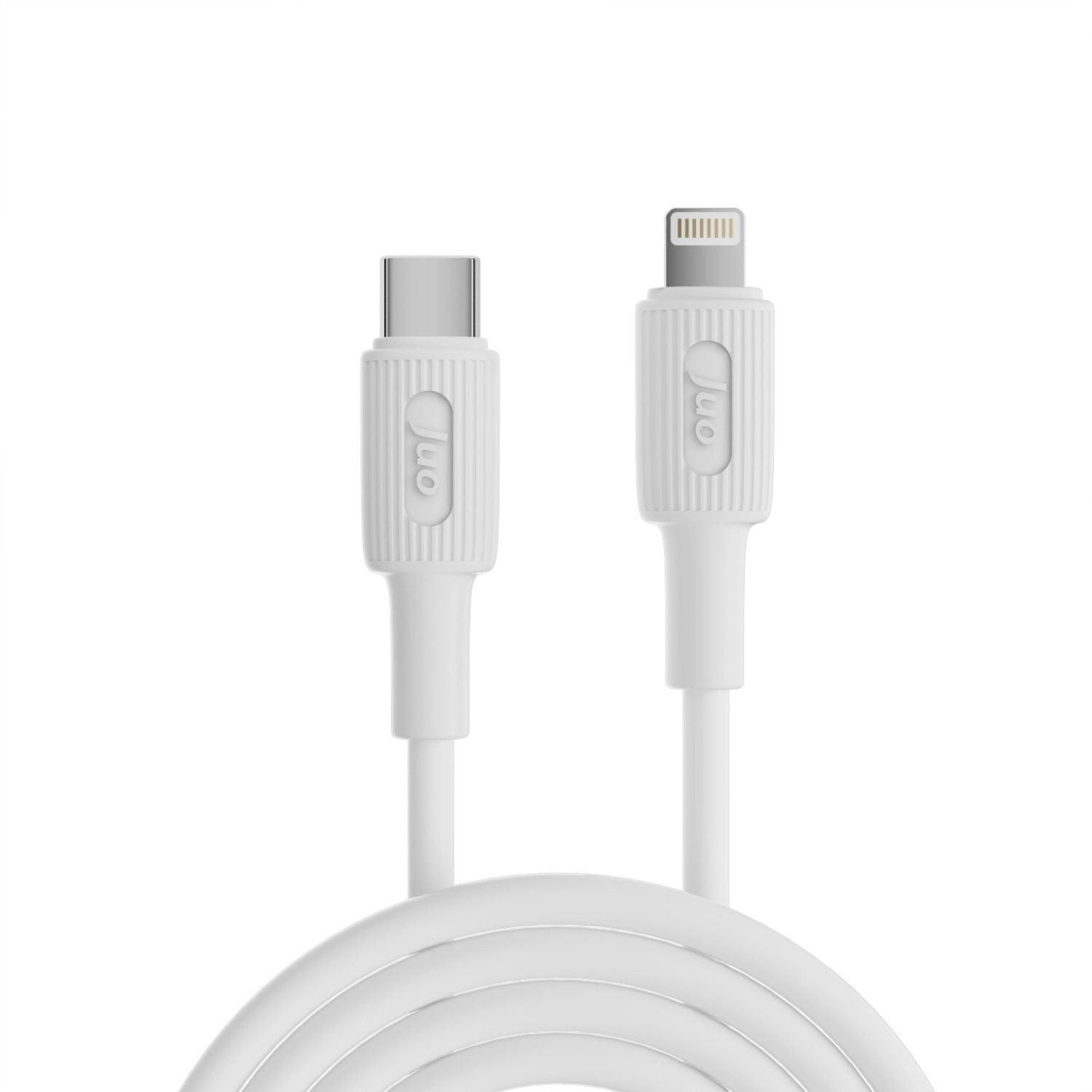 Beyaz arka plan üzerinde iki beyaz şarj kablosu, biri USB-C, diğeri Lightning.