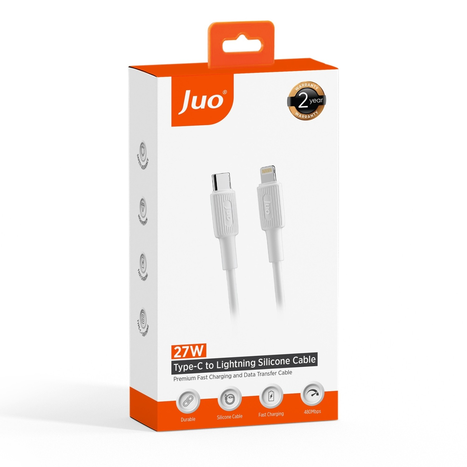 Beyaz JUO Type-C - Lightning silikon kablo, 27W, 480Mbps, dayanıklı, hızlı şarj.