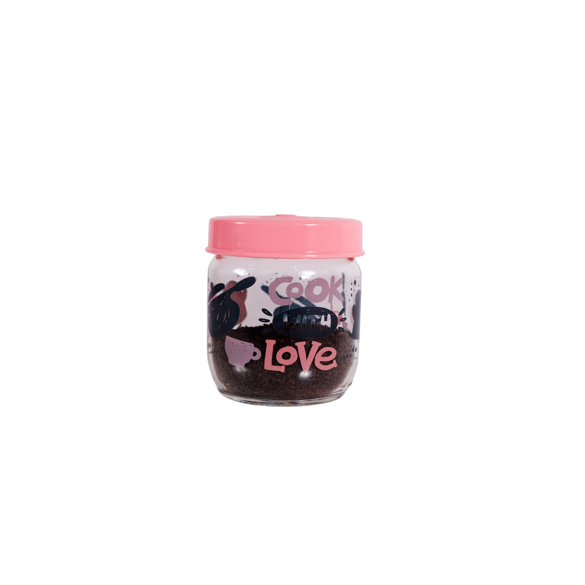 Pembe kapaklı cam kavanoz, koyu kırıntılarla dolu, üzerinde 'Cook with Love' yazıyor.