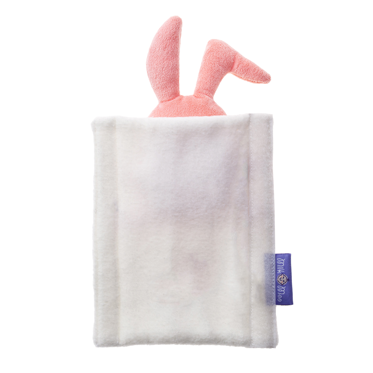 Kulaklı pembe peluş tavşan beyaz bir çantadan dışarı bakar.