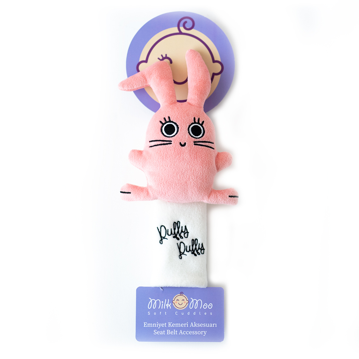 Pembe peluş tavşan emniyet kemeri aksesuarı, üzerinde 'Duffy Duffy' yazısı.