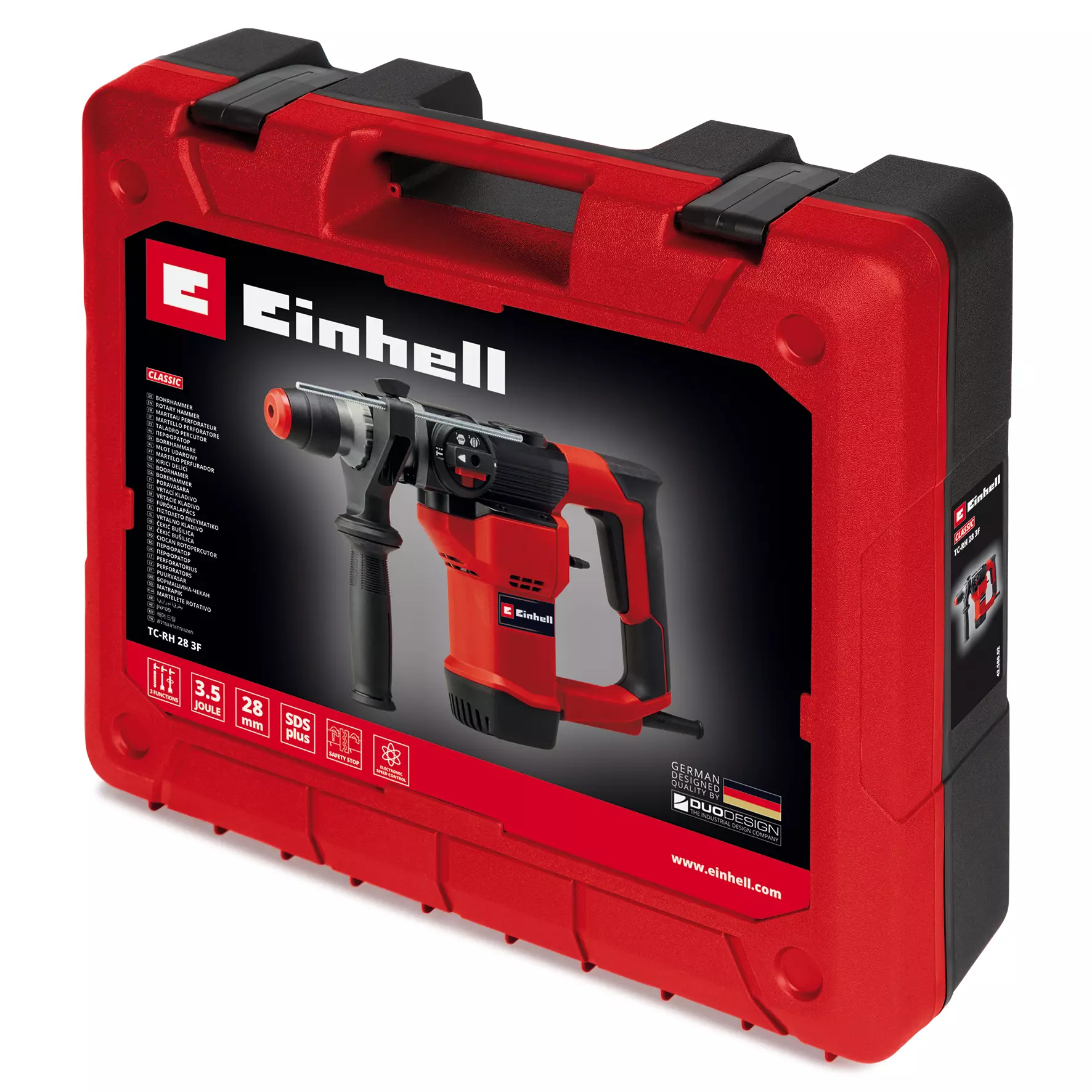 Einhell kırıcı delici TC-RH 28 3F kırmızı kutuda ürün bilgileriyle.