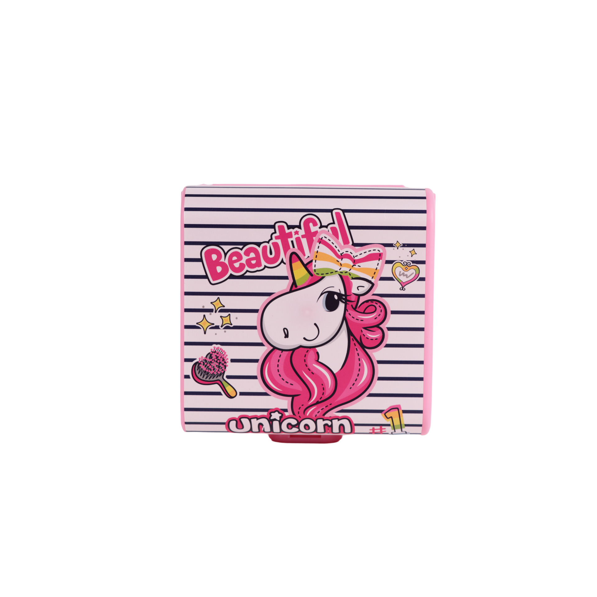Çizgili pembe kutu, üzerinde tek boynuzlu at deseni var. "Beautiful Unicorn #1" yazıyor.