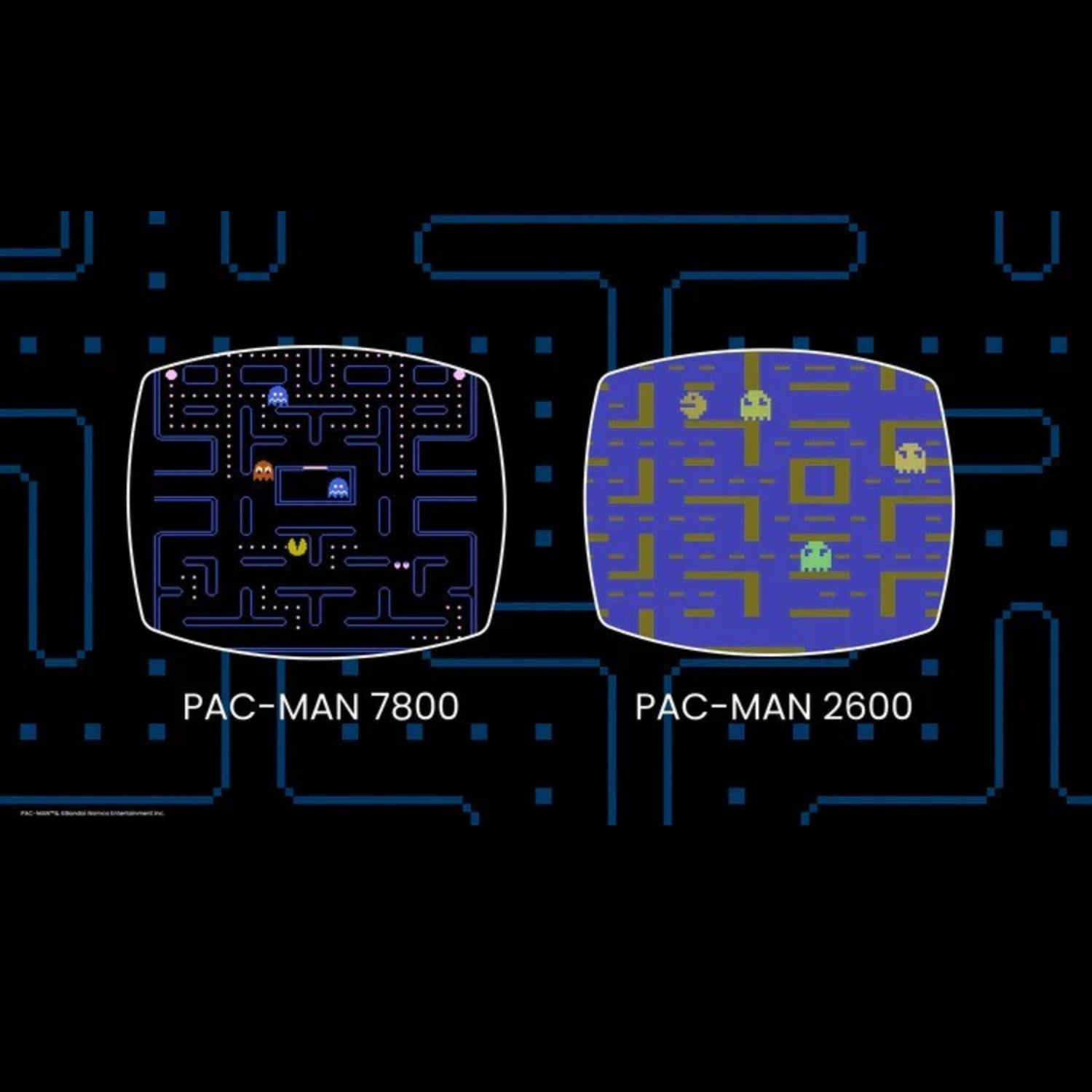 Pac-Man 7800 und Pac-Man 2600 Spielbildschirme auf schwarzem Hintergrund.