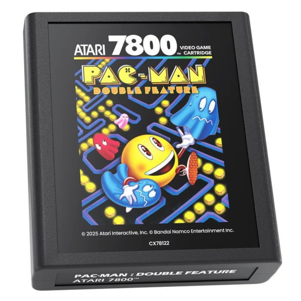 Pac-Man Atari 7800 Spielkassette mit Pac-Man, Geistern und Labyrinth.