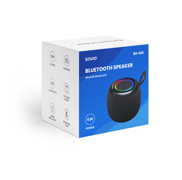 Czarny głośnik Savio Bluetooth z podświetleniem RGB na białym pudełku.