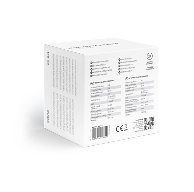 Pudełko głośnika Bluetooth Savio z danymi technicznymi.