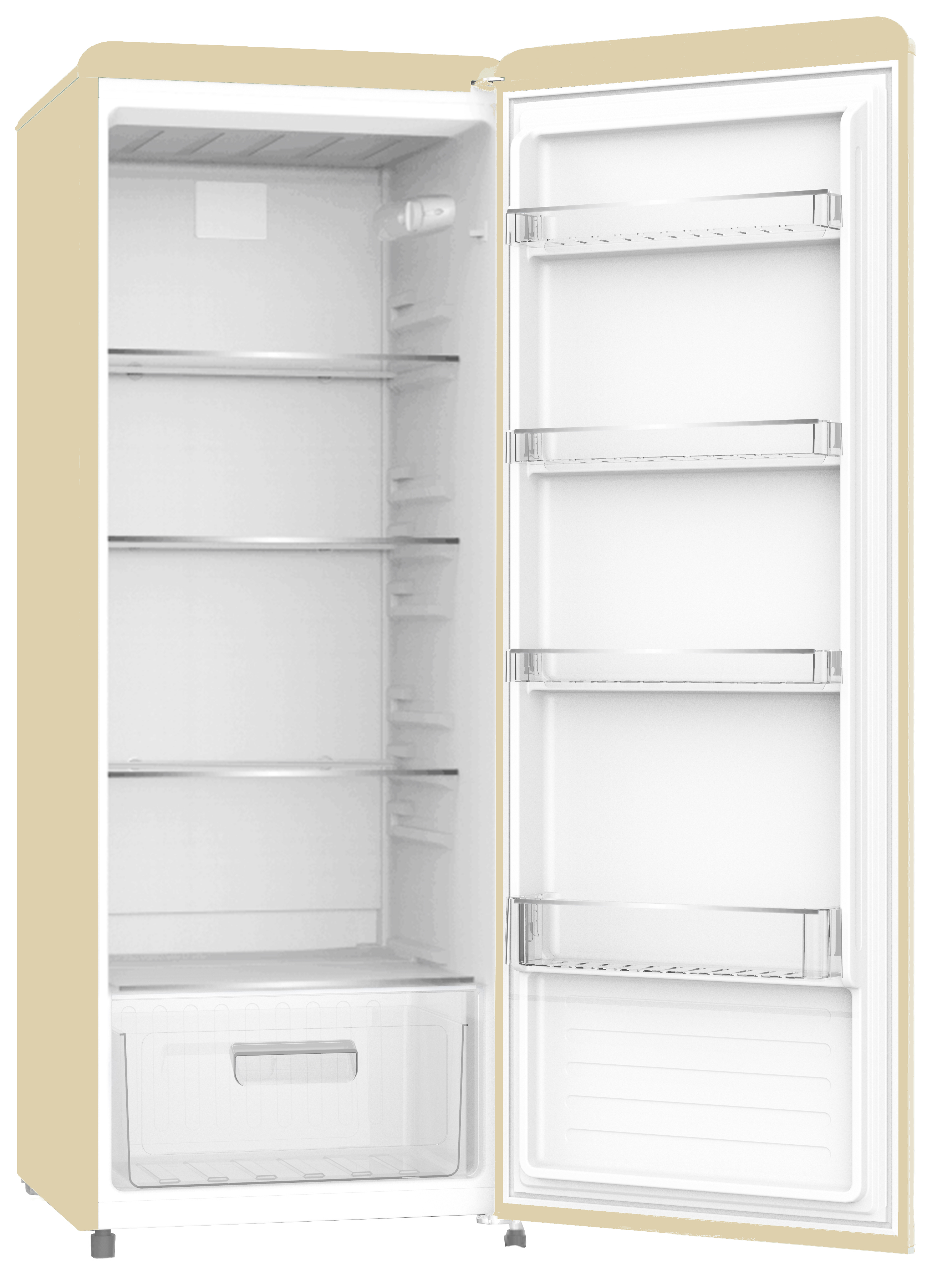 Ein beigefarbener Kühlschrank mit offener Tür, leer und sauber.