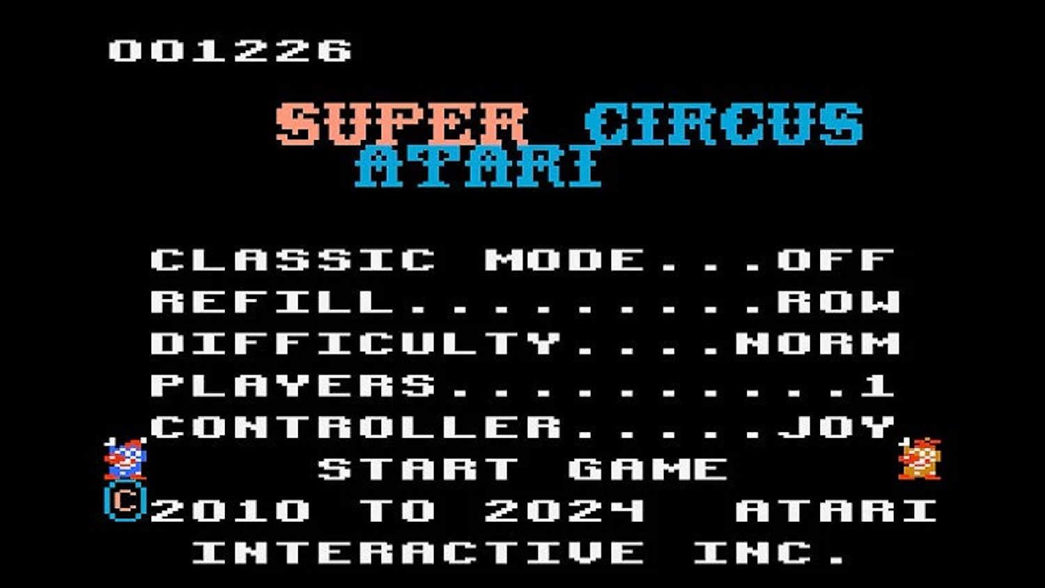 Schermata del titolo del gioco Super Circus Atari con opzioni: Modalità Classica, Ricarica, Difficoltà, Giocatori, Controller.