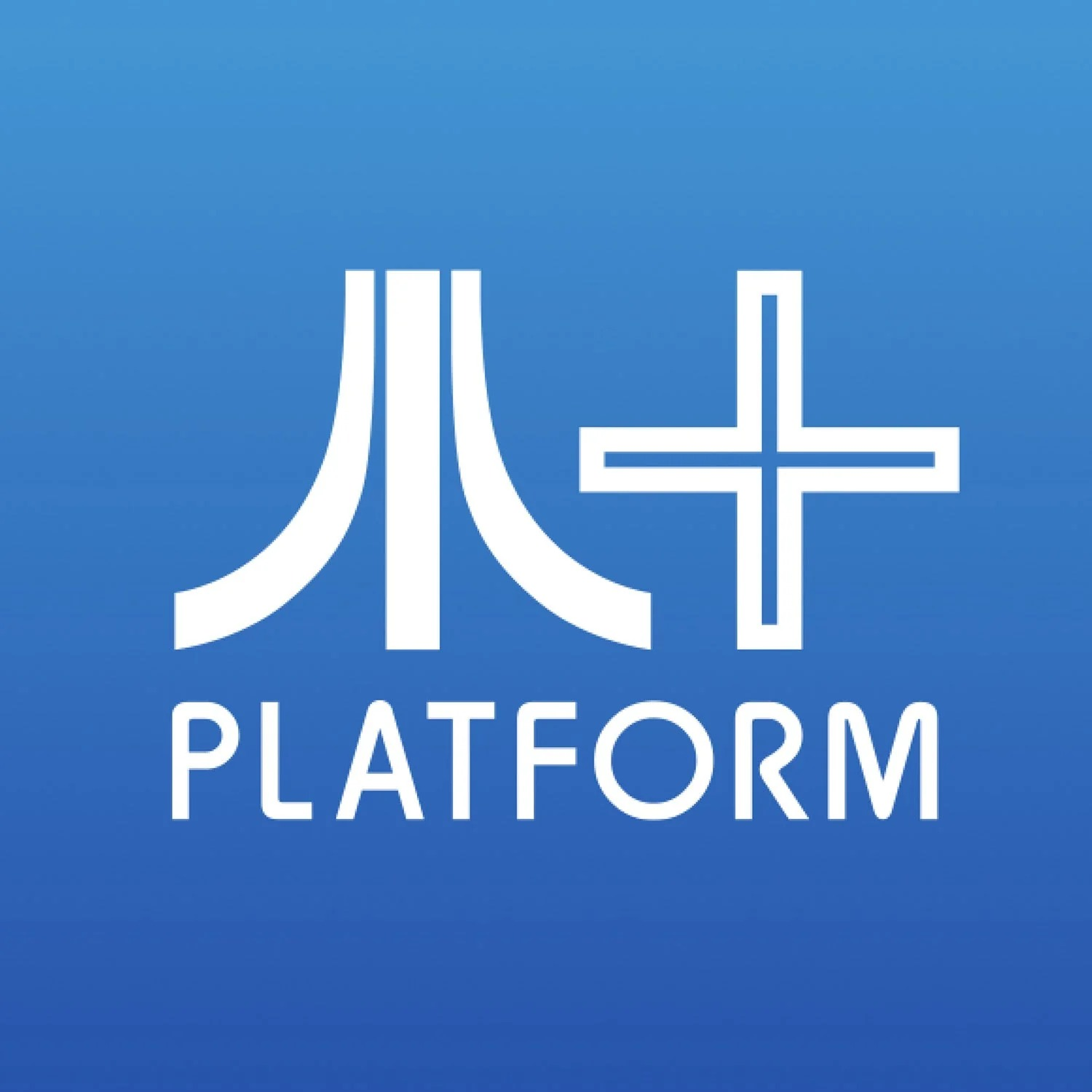 Logo bianco con forme astratte e testo PLATFORM su sfondo blu.