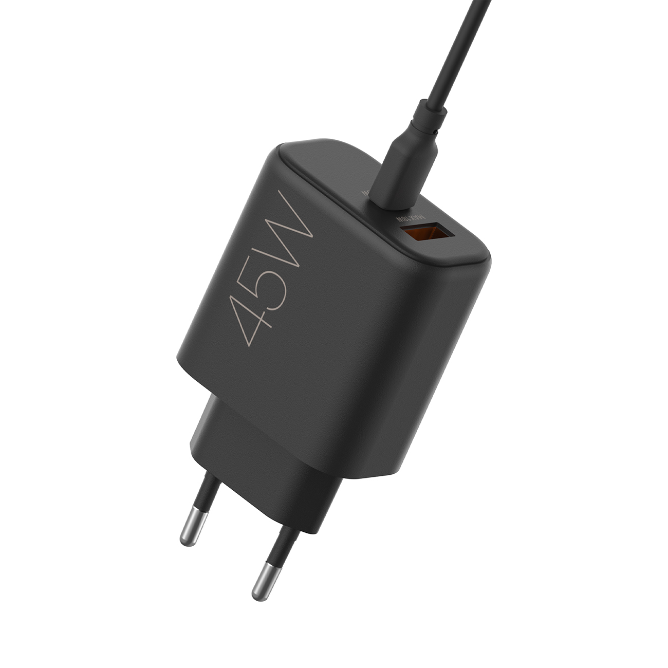 Schwarzer 45W USB-C-Ladestecker mit zwei Pins und einem USB-C-Anschluss.