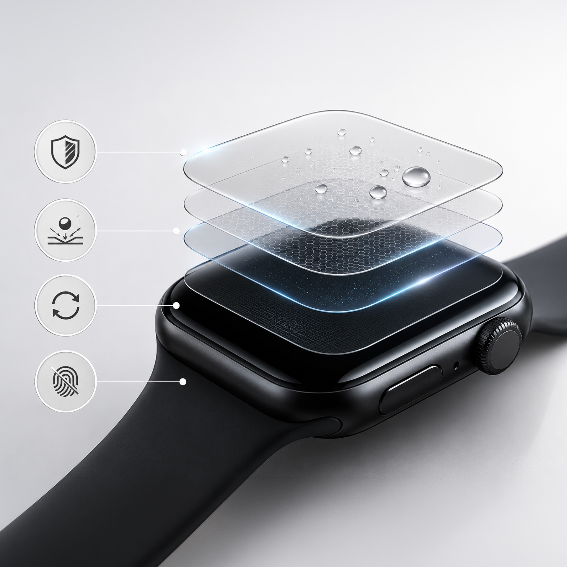 Czarny smartwatch z diagramem warstw ochronnych i ikonami: tarcza, uderzenie, odśwież, odcisk.