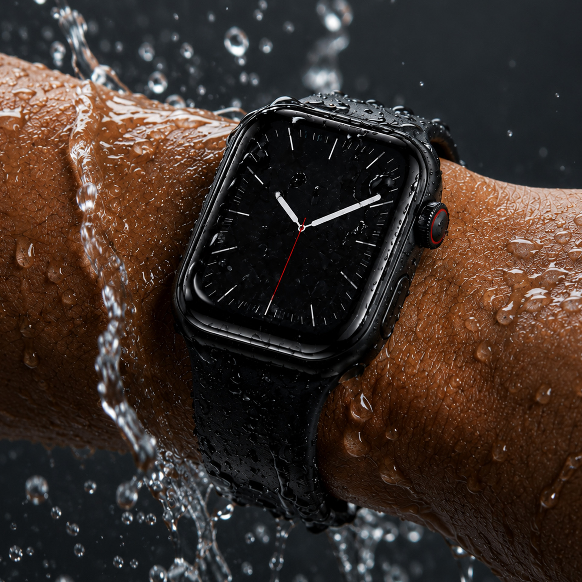 Czarny smartwatch na mokrym nadgarstku, z pryskającą wodą.