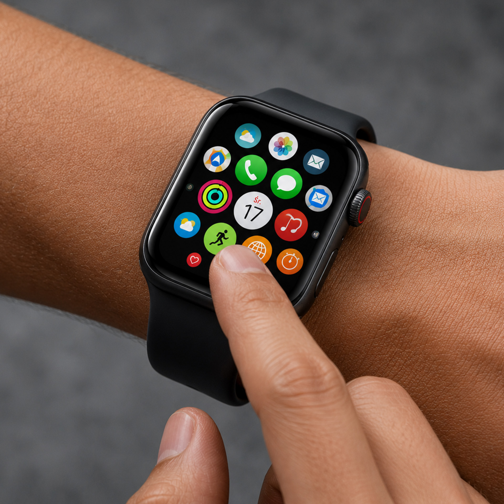Ręka nosi czarny smartwatch z siatką aplikacji. Palec dotyka ekranu.