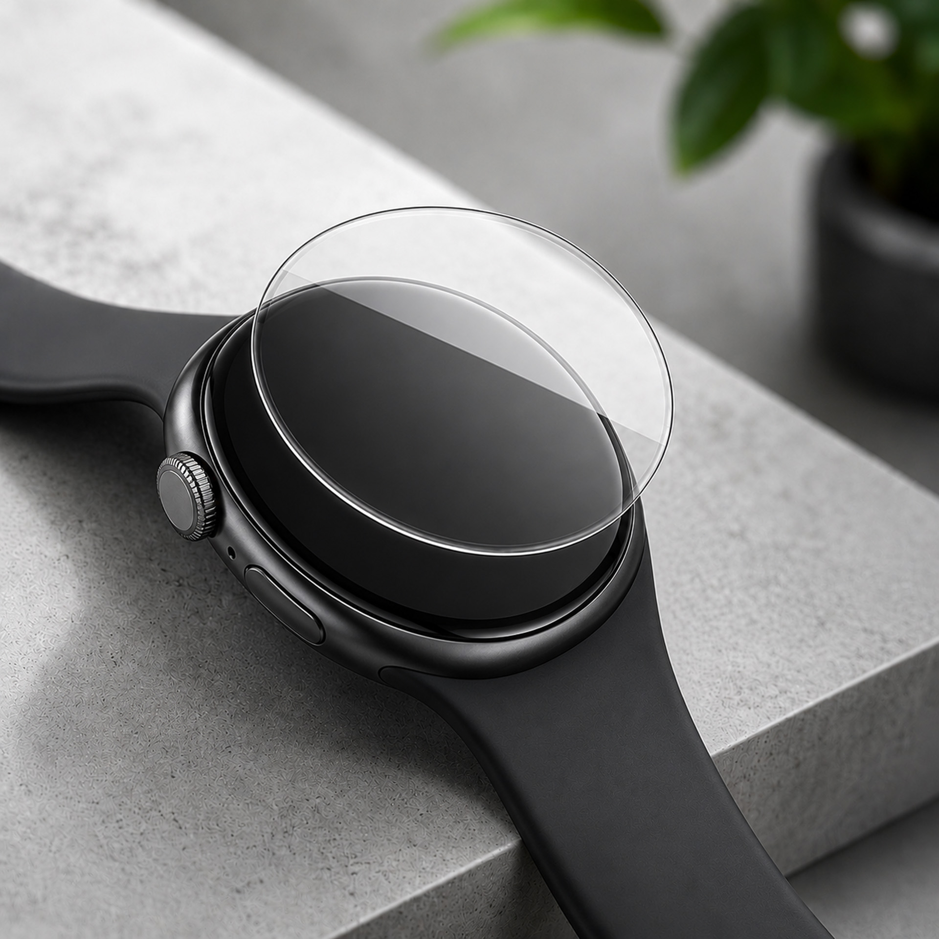 Czarny smartwatch ze szklaną osłoną ekranu, na betonowym postumencie.