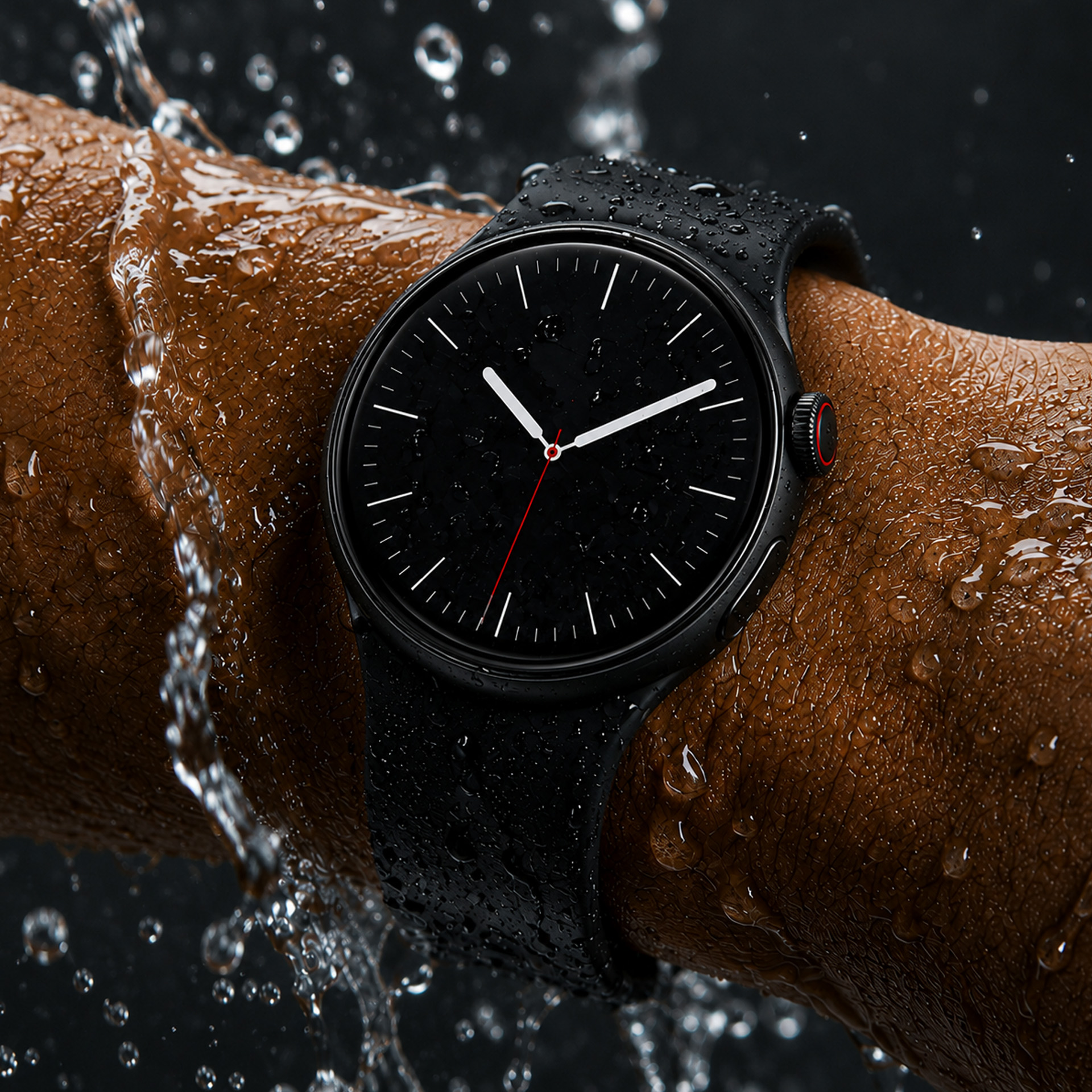 Czarny smartwatch z rozpryskami wody na brązowym ramieniu.