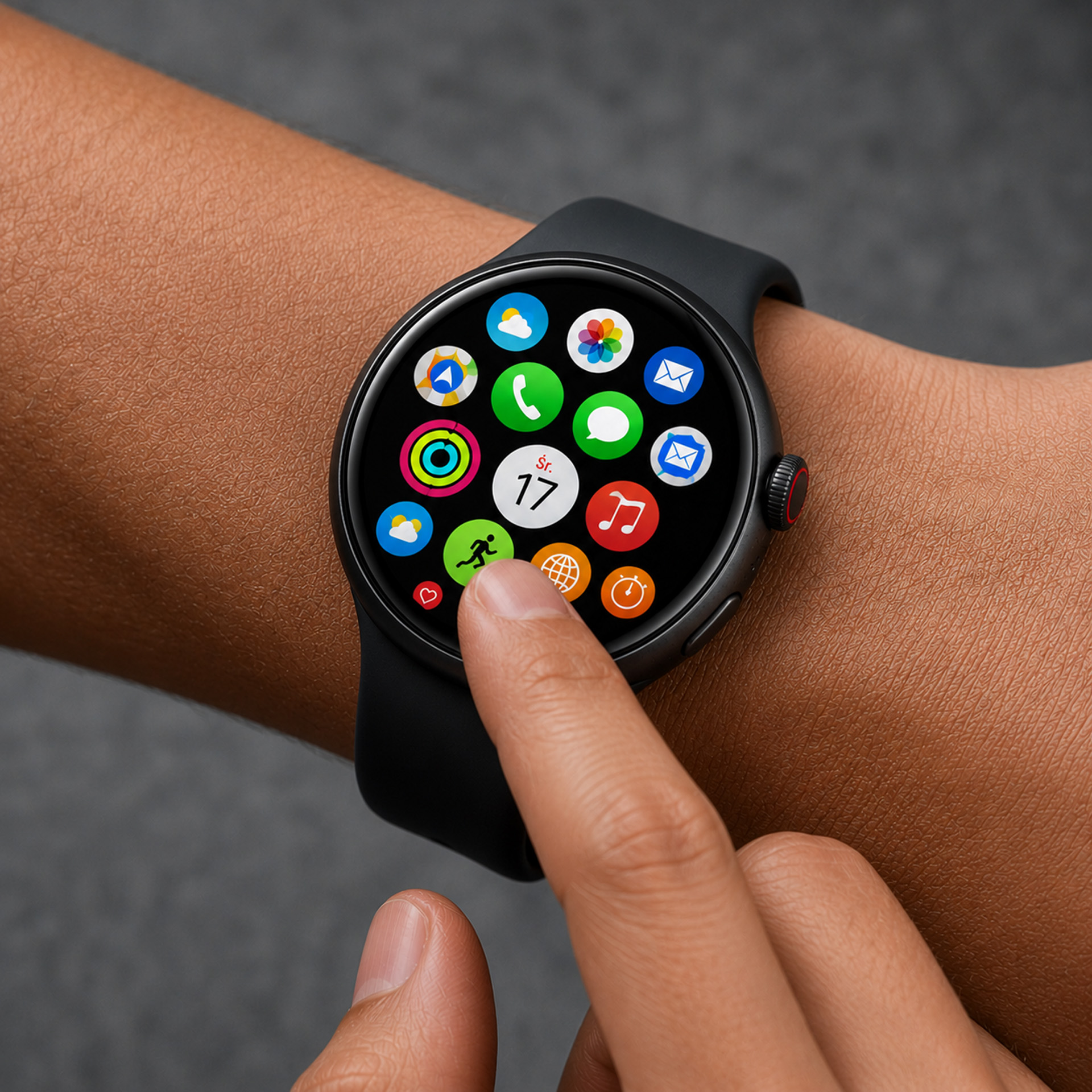 Ręka nosi czarny smartwatch z kolorowymi ikonami aplikacji i datą.