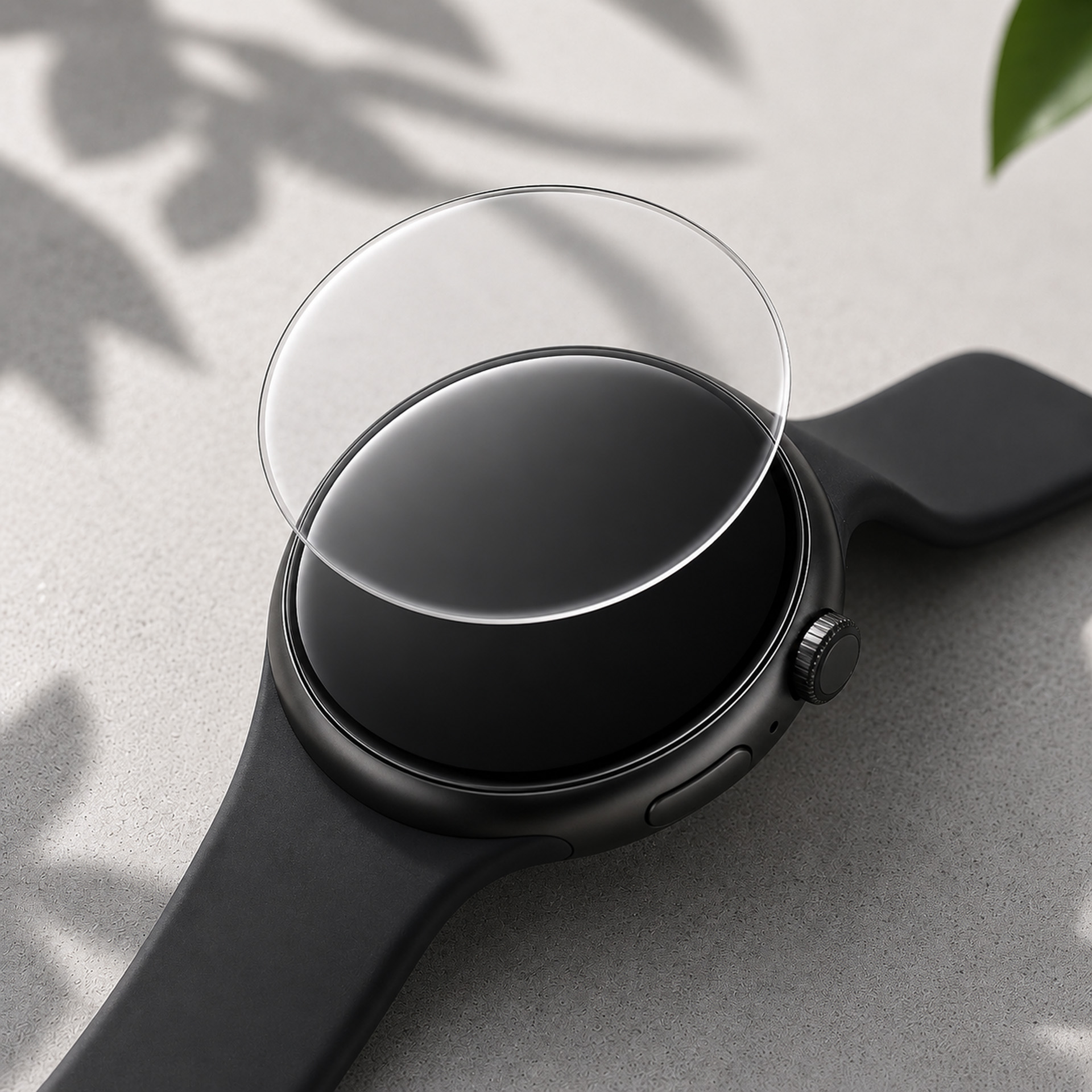 Czarny smartwatch z osłoną ekranu na ciemnym wyświetlaczu.