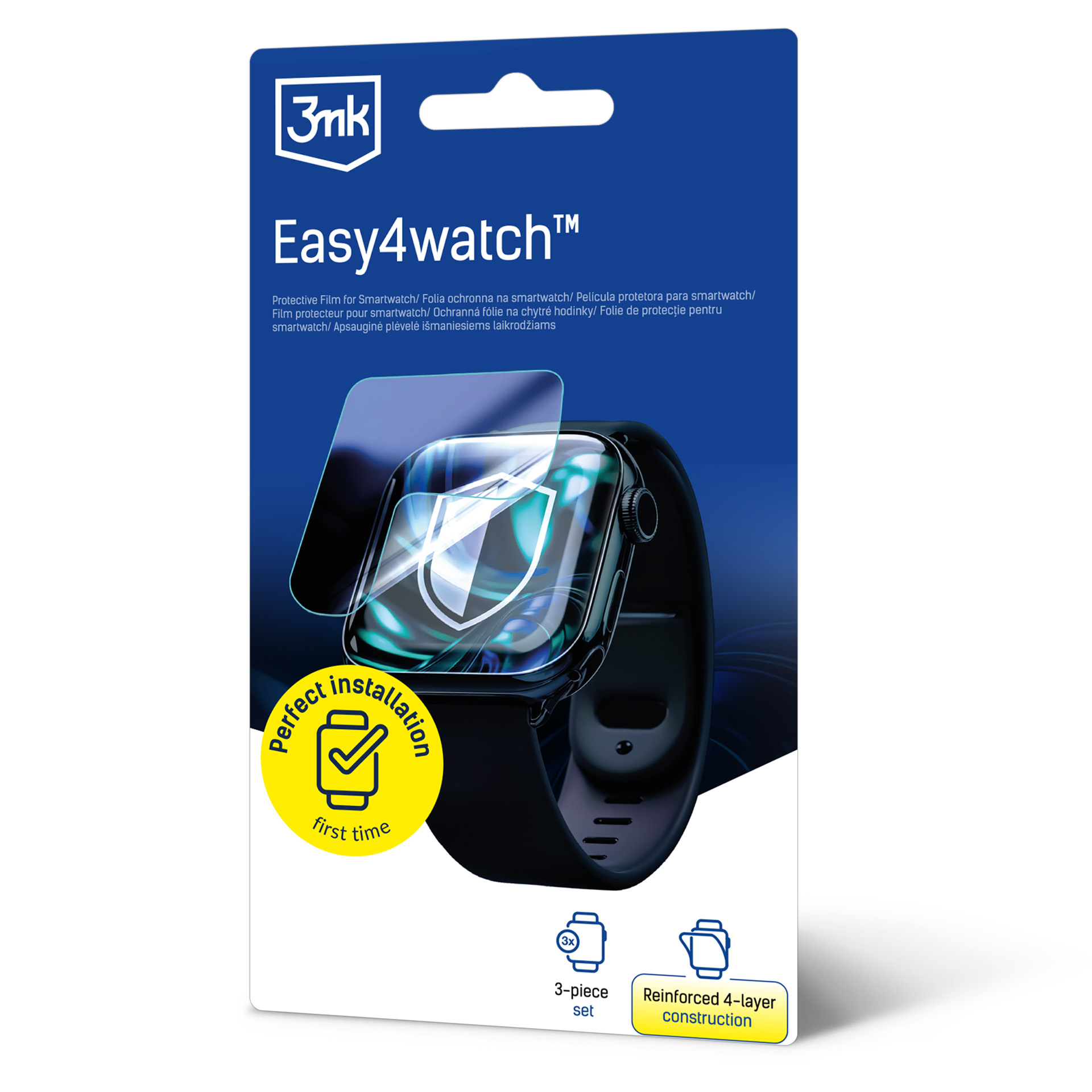 Opakowanie folii ochronnej na smartwatch z obrazem smartwatcha i ikoną instalacji.