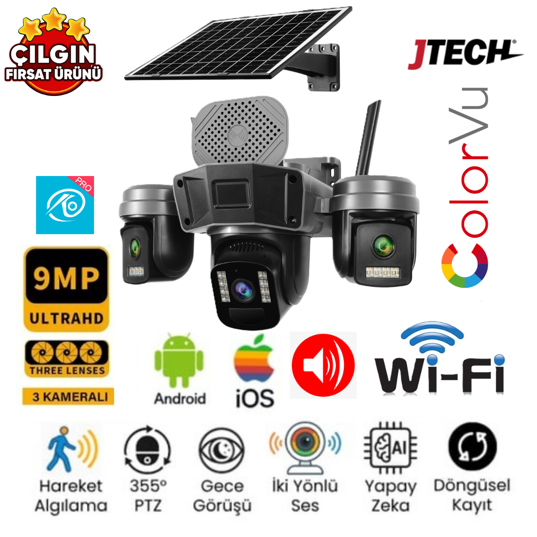 Güneş panelli güvenlik kamerası, üç lens, 9MP, Ultra HD, Wi-Fi, gece görüşlü.