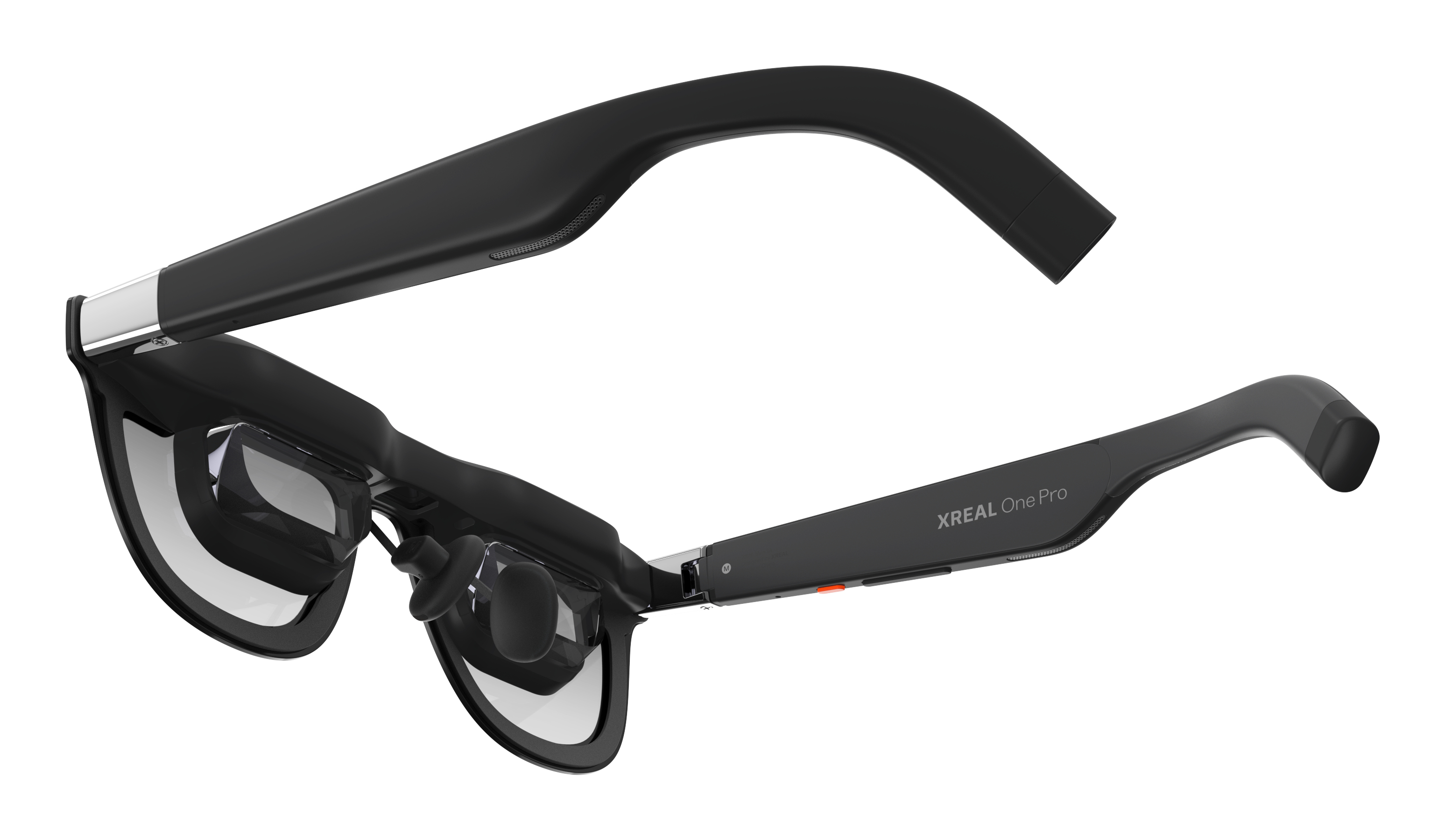 Occhiali AR XREAL One Pro neri con lenti trasparenti e accenti argentati.