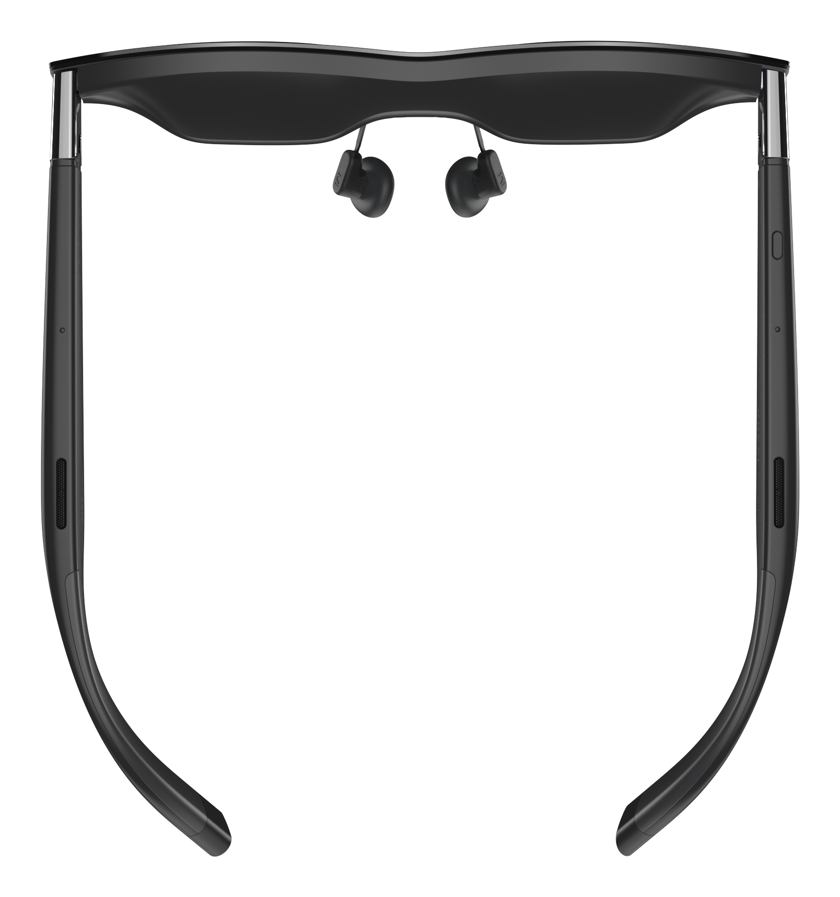 Occhiali AR neri con auricolari integrati su sfondo bianco.