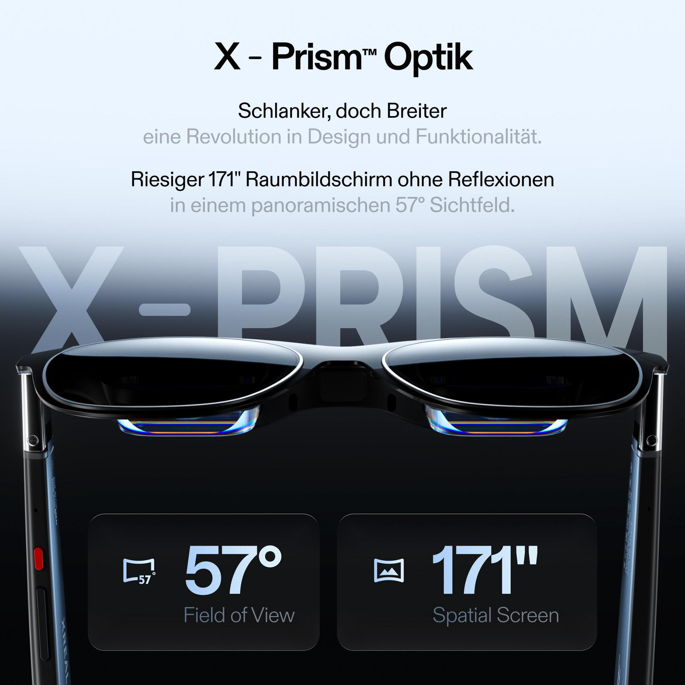 Occhiali neri con logo "X - Prism Optik", schermo da 171", campo visivo 57°.