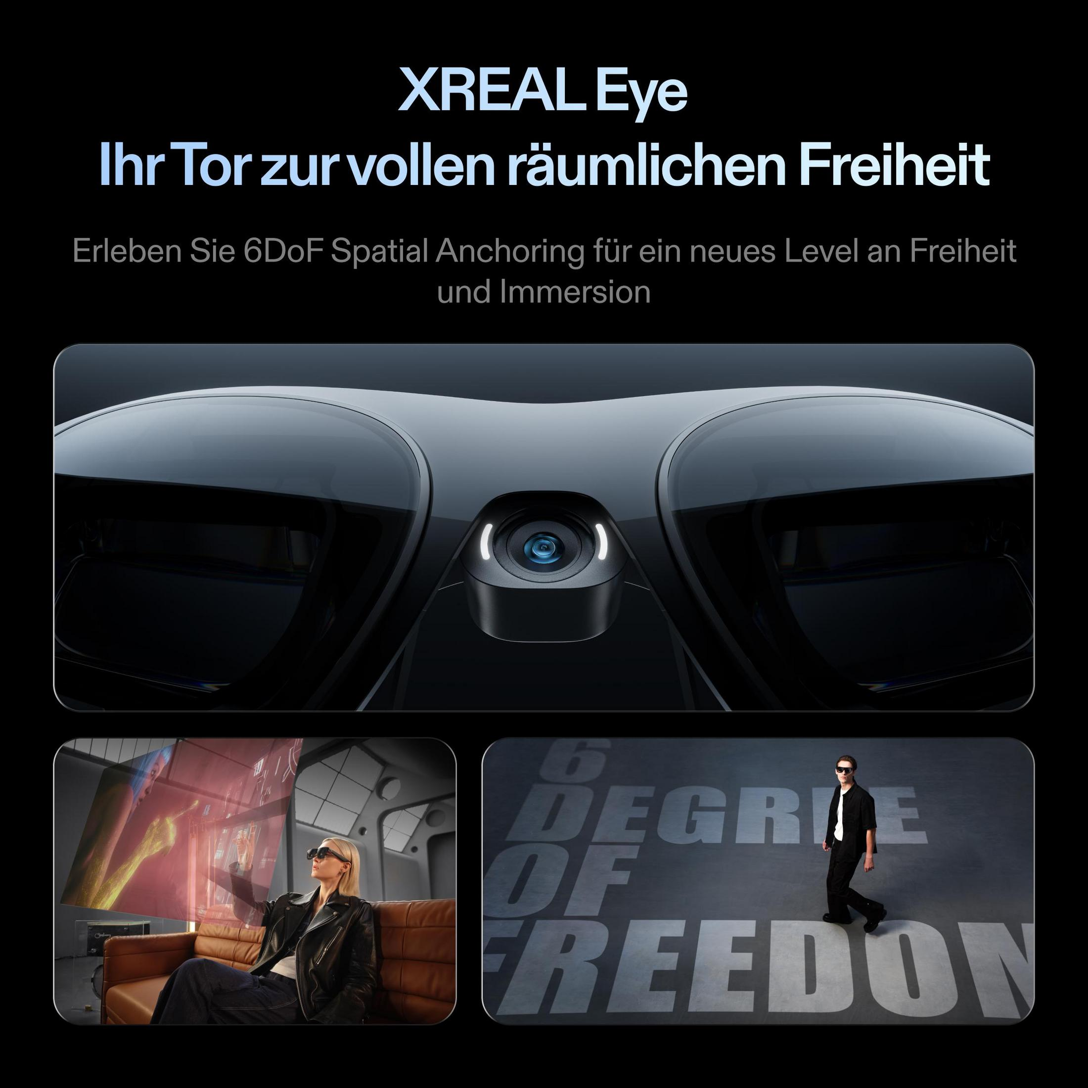 Visore VR XREAL Eye, donna su divano, uomo su testo.